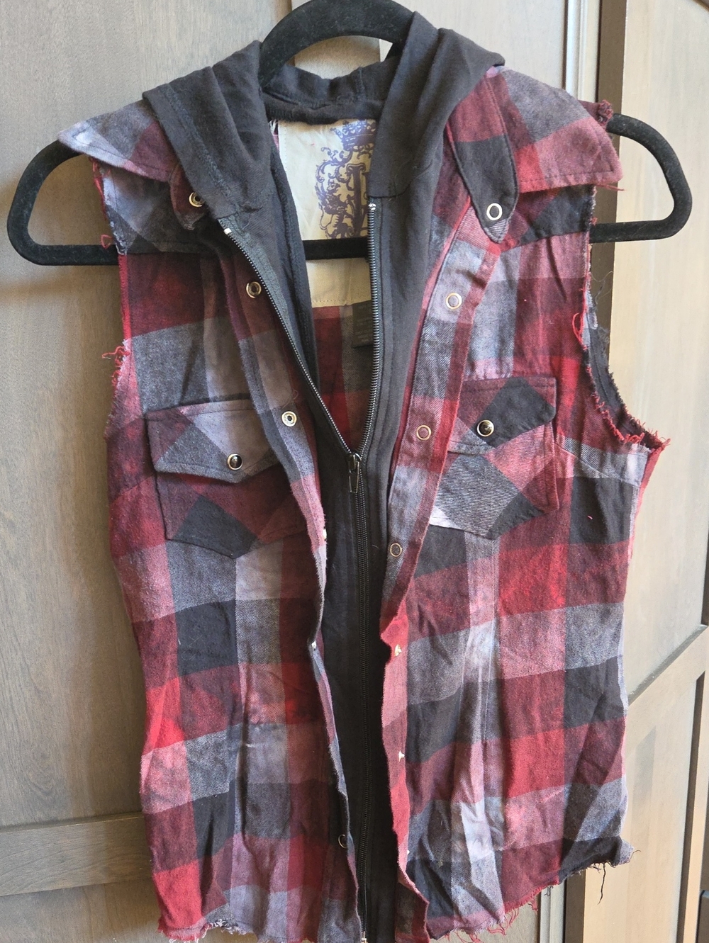 Sleeveless Red Plaid Button-Down Shirt Vest with Black Hood